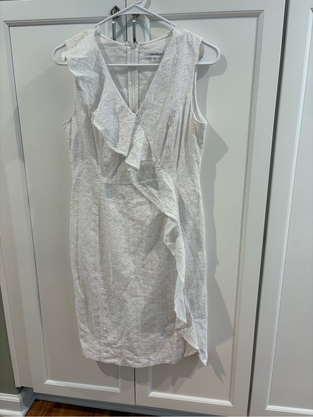 Calvin Klein White Eyelet Ruffle Midi Dress